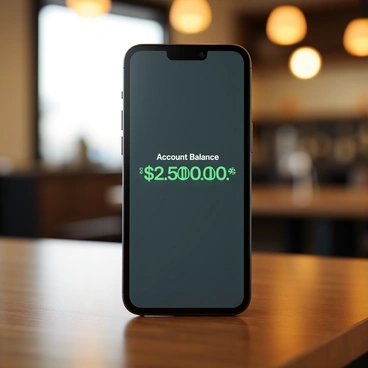 A sleek black smartphone with a large touchscreen display is positioned on a wooden table. The screen shows a banking app interface with prominent text that reads "Account Balance: $2,500.00". The balance is highlighted in green, indicating a positive amount. The background is softly blurred, suggesting a cozy indoor environment with warm lighting, possibly in a cafe. The smartphone has a minimalistic design with thin bezels and a glass back, reflecting light subtly.