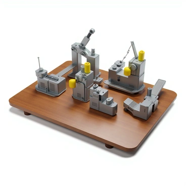 A set of miniature factory machinery models is arranged neatly on a polished wooden desk. The machinery includes a small assembly line with tiny robotic arms, a miniature conveyor belt, and scaled-down industrial machines. Each piece is detailed with various colors, such as metallic silver and bright yellow accents. The wooden desk has a rich grain texture that adds warmth to the setting. Soft, diffused lighting highlights the features of the machinery, casting subtle shadows on the surface of the desk.