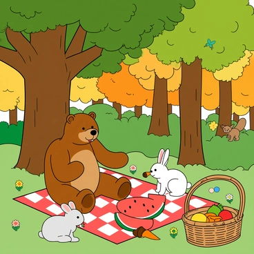A vibrant forest scene filled with a variety of colorful trees in shades of green, orange, and yellow. Under a large, detailed tree with a thick trunk and broad, leafy canopy, a group of animated animals is enjoying a lively picnic. There is a cheerful brown bear sitting on a red and white checkered blanket, munching on a big slice of watermelon. Next to the bear, a small, playful rabbit with white fur is nibbling on a carrot. A friendly squirrel is perched on a nearby branch, holding an acorn. Nearby, a colorful picnic basket is open, displaying an assortment of fruits and snacks. The background features bright flowers and butterflies fluttering around, adding to the cheerful atmosphere of the picnic.
