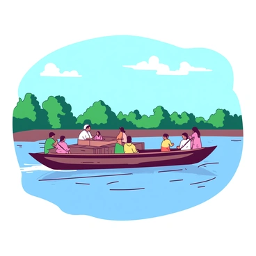 A traditional ferry with a wooden hull is carrying several passengers across the Ganges River. The passengers are sitting on benches, some are enjoying the view while others are talking to each other. The water of the river is calm and reflects the surroundings. In the background, there are green trees lining the riverbank. Above, the sky is clear and blue, with a few white clouds scattered. The ferry is moving steadily, creating gentle ripples in the water.