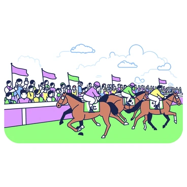 A horse racing event is taking place on a racetrack. In the foreground, several horses are galloping at full speed, their jockeys wearing colorful silks. The jockeys are focused, leaning forward in their saddles as they navigate the race. Spectators fill the stands, with many people standing and cheering. Some spectators are waving flags, while others are holding binoculars. Brightly colored banners are visible along the racetrack, adding to the lively atmosphere. The sky above is clear, adding to the overall excitement of the event.