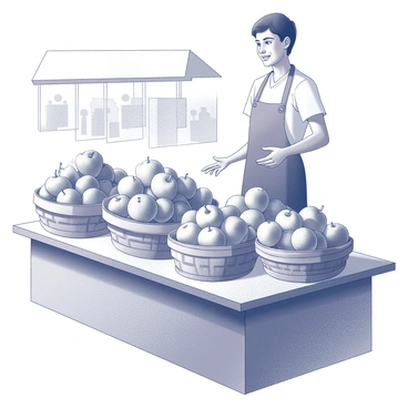 A market stall filled with an assortment of apples displayed prominently. There are several baskets overflowing with different types of apples, showcasing their varying shapes and sizes. The vendor stands behind the stall, wearing an apron and a cheerful expression, engaging with customers. The vendor has short hair and is gesturing towards the apples, inviting people to look closer. The background features other market stalls and shoppers.