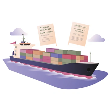 A digital flat illustration depicting a large cargo ship sailing across the ocean. The ship is detailed with containers stacked high in various colors. Overlaying the scene are semi-transparent insurance documents, featuring text that reads "Carriage and Insurance Paid To (CIP)" in bold letters. The ocean waves are stylized, and the sky above is clear with a few clouds. The ship's hull is painted in navy blue, and a flag is waving from the mast. The documents appear to float above the water, indicating the shipping process.