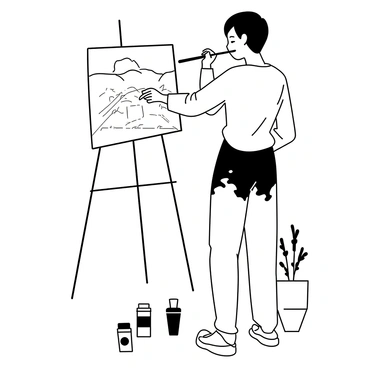 An artist is standing in front of an easel, focused on painting a canvas. The artist, with short hair, is using a paintbrush held in their mouth. Their hands are positioned on the sides of the canvas for support. The artist's clothing consists of a loose shirt and paint-splattered pants. Various paint tubes are scattered on the ground nearby. The easel is set up outdoors, with trees and plants in the background. The canvas shows bold and vibrant strokes, depicting an abstract landscape. The artist's expression is concentrated, reflecting their dedication to the work.