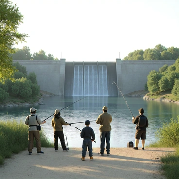Anglers standing near the base of a large concrete dam, casting their fishing rods into the calm water below. The dam is imposing, with a gray surface and water cascading down its sides. Surrounding the area, there are lush green trees and shrubs, creating a natural frame. The sky above is clear with a soft morning light, illuminating the scene with a gentle glow. Each angler is focused on their fishing, wearing comfortable outdoor clothing and hats, their fishing gear positioned around them. The water is still, reflecting the serene landscape and the distant sound of birds can be faintly heard.