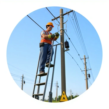 An electrician with medium skin tone and short black hair is wearing a bright orange safety helmet and a blue safety vest with reflective stripes. He is equipped with insulated gloves and safety goggles. He is standing on a sturdy ladder, working on a high voltage line amidst a clear blue sky. In the background, there are power poles and wires extending into the distance. The electrician is focused on his task, carefully handling tools as he performs maintenance on the electrical equipment. Safety signs are visible around the area, emphasizing the importance of safety.