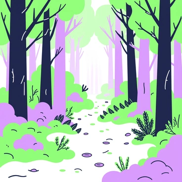 A dense forest filled with tall trees, their trunks stretching upward and blending into the mist. The ground is covered with a layer of damp leaves, and patches of light filter through the thick canopy above. Shadows stretch across the forest floor, creating a contrast with the muted light. In the distance, a narrow, winding path disappears into the mist, inviting exploration. Scattered around are various plants, their shapes obscured by the fog, enhancing the sense of mystery in the scene.