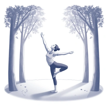 A person is standing in a yoga pose in a park. The individual has one leg raised and bent at the knee, with arms extended outward for balance. Tall trees frame the scene, providing a natural backdrop of leaves and branches. The ground is covered with grass, and there are patches of flowers nearby. Sunlight filters through the foliage, creating dappled patterns on the ground around the person.