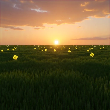 A vast meadow filled with lush green grass stretches out under a colorful sunset sky, displaying shades of orange, pink, and purple. Scattered throughout the meadow are "caution" symbols, softly glowing with a warm yellow light, contrasting gently against the grass. The sun is low on the horizon, casting long shadows and creating a peaceful ambiance in the scene. The overall atmosphere is tranquil, with the glowing symbols providing an intriguing focal point among the natural landscape.