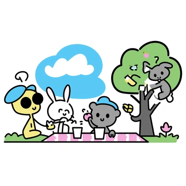 A group of four cartoonish characters, three of them sitting on a red and white checkered blanket. One character is a tall, green alien with big eyes, holding a sandwich. Next to the alien is a small, round bear wearing a blue hat, reaching for a jar of honey. A cheerful rabbit with long ears is pouring lemonade into cups, while a playful squirrel is climbing a nearby tree, holding an apple in its paws. The background features green grass, colorful flowers, and a bright blue sky with fluffy white clouds.