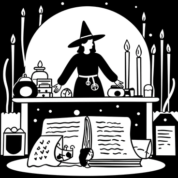 A medieval witch standing at her altar, surrounded by numerous candles casting light. The altar is cluttered with mystical artifacts such as potion bottles, crystals, and ancient scrolls. Shadows dance around the room, creating a mysterious atmosphere. The witch is draped in a flowing robe, with various charms hanging from her belt. A large, open spell book sits in front of her, its pages fluttering as if caught by an unseen breeze.
