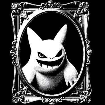 A Gengar, a ghostly Pokémon with a mischievous expression, is gazing intently at its reflection in an ornate mirror. The mirror has a decorative frame with intricate swirl patterns and sharp edges. The Gengar's pointed ears and wide grin are clearly visible in the reflection, creating an engaging contrast against the frame. The surroundings are dimly lit, adding a mysterious atmosphere to the scene, while the surface of the mirror captures the playful nature of the Gengar's gaze.