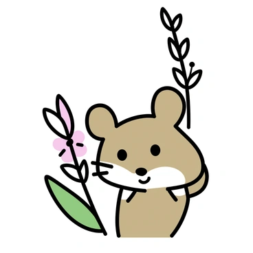A tiny field mouse with soft brown fur and large ears is nestled among the "mayflower stems." The mouse is peeking out with its small black eyes, blending into the natural surroundings. The "mayflower stems" are slender and green, adorned with delicate white and pink flowers. The scene captures the mouse's cautious demeanor as it remains hidden in the lush greenery.
