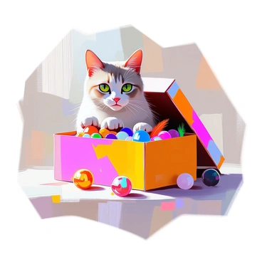 A curious cat with sleek fur and bright green eyes is peeking into a vibrant, colorful box that is filled with various intriguing items. The box is open, revealing an assortment of items such as shiny marbles, colorful feathers, and small toys. The cat's head is tilted slightly, with one paw raised as if about to reach inside. The scene captures the cat's playful and inquisitive nature, with soft lighting highlighting the richness of the colors in the box and the cat's fur.