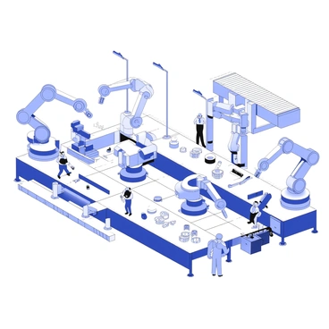 An assembly line in a factory is filled with activity. Robotic arms are positioned at various intervals along the line, each performing precise tasks like welding and assembling parts. Some workers are wearing safety gear, actively supervising the robots or handling components manually. Above the assembly line, there are overhead lights illuminating the workspace. Various machine parts and tools are organized neatly within reach, emphasizing efficiency in the operation. The factory setting has large, open areas with metal structures and machinery visible in the background.