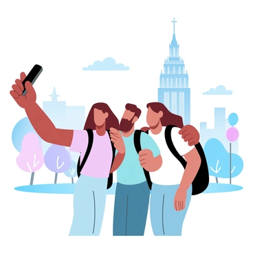A group of three friends is standing together in front of a famous landmark. One friend is holding a smartphone up to take a selfie, while the other two are posing next to them. The landmark towers in the background, showcasing its architectural details. The friends are dressed casually in bright clothing appropriate for exploring a city. They have backpacks slung over their shoulders, indicating they are tourists. Colorful street signs and trees line the street, adding to the vibrant atmosphere of the city.
