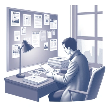 A detective sitting at a wooden desk in an office. The detective is wearing a classic trench coat and is focused on examining a folder labeled "Cold Case." The office is decorated with various documents and notes pinned to a bulletin board, creating a cluttered and investigative atmosphere. Several other folders labeled "Cold Case" are stacked on a nearby shelf, indicating ongoing investigations. A vintage lamp casts light across the desk, illuminating scattered photographs and notes. A window can be seen in the background, showing a glimpse of a cityscape.