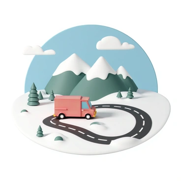 A mini-truck, painted bright red, is driving along a winding road that cuts through a picturesque snowy landscape. The truck has a shiny surface reflecting the sunlight. Snow blankets the ground, and patches of evergreen trees stand out against the white backdrop. In the background, towering mountains with sharp peaks are dusted with snow, creating a stunning contrast with the clear blue sky. Fluffy white clouds drift lazily by, adding to the serene atmosphere of the scene.