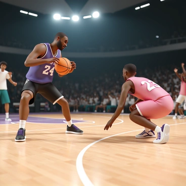 A basketball player, resembling Kobe Bryant, is in a dynamic stance on a basketball court. He wears a purple jersey with "24" on the front and black shorts. His expression is focused and determined as he prepares to dribble the ball. Opposite him, a rival player, wearing a red jersey with "23" emblazoned on it, is crouched low, ready to defend. The court is marked with white lines, and a crowd can be seen in the background, with hands raised in excitement. Bright arena lights illuminate the scene, casting shadows on the polished wooden floor. The atmosphere is charged with energy as the players engage in a fierce competition.