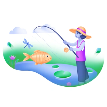 A scene depicting a person standing at the edge of a pond, holding a fishing rod. The person is wearing a wide-brimmed hat and has a focused expression. The fishing line is taut, with a fish made entirely of shimmering coins being pulled from the water. The pond reflects the surrounding greenery and sky above. In the foreground, there are small lily pads floating on the surface of the water, and some dragonflies are seen hovering nearby. The entire composition conveys a sense of tranquility and whimsy.