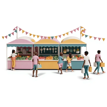 A bustling market scene filled with various colorful stalls. One stall displays a vibrant array of fruits, including bright red apples, ripe bananas, and green oranges, all arranged neatly. Another stall is adorned with fresh vegetables, featuring leafy greens, plump tomatoes, and crunchy carrots. Nearby, a crafts stall showcases handmade items such as woven baskets, colorful pottery, and intricately designed jewelry. The atmosphere is lively, with shoppers interacting, holding bags filled with purchases, and a few children playing nearby. Bright banners and flags flutter above the stalls, adding to the vibrant ambiance of the market.