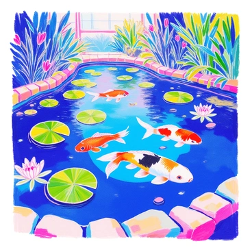 A tranquil garden pond is surrounded by lush greenery. The pond’s surface is smooth and reflects the blue sky. Colorful koi fish swim gracefully beneath the water, showcasing shades of orange, white, and black. Around the pond, large green lily pads float, some with delicate pink and white flowers. Small stones line the edge of the pond, creating a natural border. Nearby, there are vibrant plants with various shades of green, adding to the serene atmosphere.
