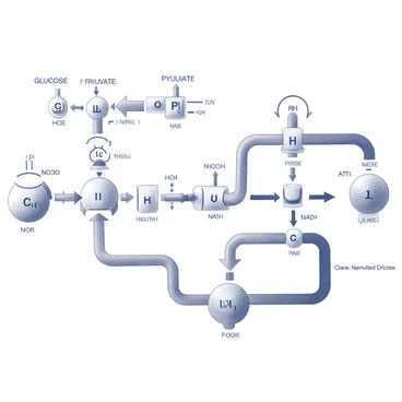 An educational diagram representing the glycolysis pathway in cellular respiration. The diagram features a clear and organized flow of biochemical reactions that take place during glycolysis. Each step is labeled with the names of the enzymes involved, and arrows indicate the direction of the reaction. Key molecules such as glucose, pyruvate, ATP, and NADH are prominently displayed within the diagram, illustrating their roles and transformations throughout the process. The structure is divided into distinct sections to enhance clarity and understanding, showing the breakdown of glucose into pyruvate and the production of energy carriers.