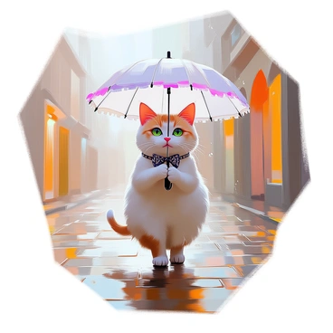 A Victorian-style cat with a fluffy coat and expressive green eyes is walking gracefully in the rain. The cat is wearing a small, ornate collar adorned with a bow. It holds a delicate, frilly umbrella in its paw, which is fully opened to shield it from the falling raindrops. The background features cobblestone streets glistening with water, and charming Victorian buildings lining the street. Raindrops are visibly falling, creating small splashes as they hit the ground.