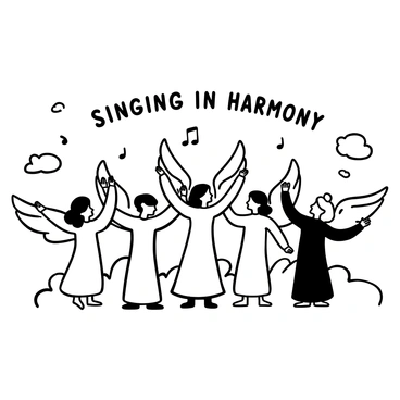 A group of angels with luminescent wings stands together, their wings spread widely. Each angel is positioned in a different stance, creating a dynamic composition. The angels are dressed in flowing robes that cascade down to the ground. They are arranged in a semi-circle, with their arms raised as they sing. Musical notes are depicted flowing outward from their mouths, filling the air around them. The background includes cloud formations, enhancing the ethereal atmosphere of the scene. "Singing in Harmony" is displayed prominently above the choir.
