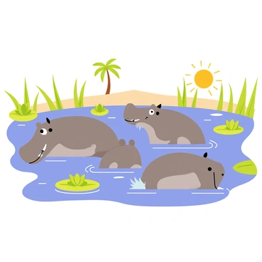 A group of hippopotamuses lounging in the shallow waters of the Nile. The hippopotamuses have large, rounded bodies with gray skin, partially submerged in the clear blue water. Some are resting with their eyes and nostrils above the water, while others are playfully splashing. Surrounding them are patches of green water lilies and tall reeds along the riverbanks, creating a vibrant natural environment. The sun shines brightly, casting reflections on the water's surface. In the background, a few palm trees are visible against a clear sky.