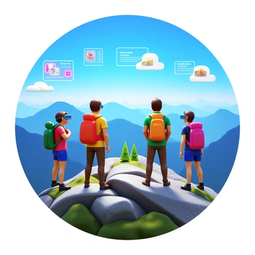 A group of hikers standing on a mountain peak, each wearing 3D glasses. The hikers are gazing at a breathtaking panoramic view of the landscape, which appears enhanced with augmented reality elements. The scene includes vibrant displays of digital information and graphics floating in the air, showcasing points of interest in the distance. The sky is clear blue, with a few fluffy clouds, and the rugged terrain of the mountain is detailed with rocky outcrops and patches of greenery.