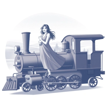 A woman with long hair is leaning out of a window of a vintage steam train. She is wearing a long, flowing dress that billows slightly in the breeze created by the motion of the train. The train features intricate details, such as polished brass fittings and large, circular wheels turning rapidly. The landscape outside the window showcases rolling hills and distant trees, blurred by the speed of the train. The woman appears to be enjoying the journey, with a joyful expression on her face as she gazes into the distance.