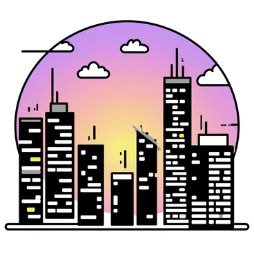 A city skyline features tall skyscrapers, their windows reflecting the warm colors of the sunset. The sky transitions from orange to deep purple, creating a vibrant backdrop. Some buildings have glowing lights, illuminating their structures against the evening sky. The silhouettes of the skyscrapers vary in height and design, showcasing a mix of modern architecture. A few clouds are scattered across the sky, catching the last rays of sunlight.