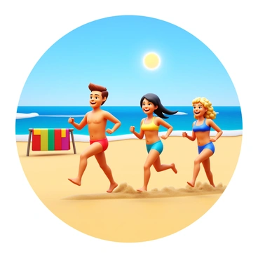 A group of friends racing each other on a sandy beach towards a makeshift finish line