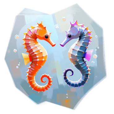 A pair of seahorses swimming gracefully through the water. The first seahorse has a vibrant orange hue with intricate texture patterns on its skin, while the second seahorse is a deep blue, displaying unique scales that catch the light. They are positioned close together, showcasing their curled tails intertwined. Each seahorse features "scientific labels" placed near them, providing information about their species and habitats. The underwater scene includes gentle currents and faint bubbles surrounding the seahorses, enhancing the aquatic atmosphere.
