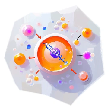 A simplified illustration showing the effects of a gene mutation on cellular processes. In the center, there is a close-up of a cell with a visible nucleus. The nucleus contains a strand of DNA that is highlighted, indicating a mutation with a distinct change in color at a specific location. Surrounding the cell are various cellular components, such as ribosomes and mitochondria, that are depicted engaging in processes like protein synthesis and energy production. Arrows denote the flow of information from the DNA mutation to the resulting changes in protein function and cellular behavior. The background features a clean, light color to enhance the focus on the cellular details.