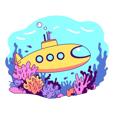 A yellow submarine is gliding through the water, surrounded by a variety of vibrant coral reefs. The submarine has a rounded shape with large circular windows, allowing for a view of the colorful underwater life. Bright orange and pink corals are in close proximity, with swaying seaweed adding movement to the scene. Schools of small fish with shimmering scales swim around the submarine, creating a lively atmosphere. Bubbles rise from the submarine, capturing the light as they ascend towards the surface.