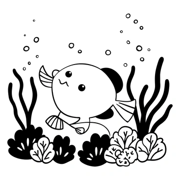 A puffer fish with a rounded body is swimming among vibrant seaweed and intricate coral formations in an underwater garden. The seaweed sways gently in the water currents, while clusters of coral display various textures and shapes. Small bubbles rise around the puffer fish as it moves, creating a dynamic, lively scene filled with marine life details.