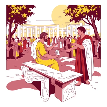 In a vibrant agora, "Plato" is seated on a marble bench with intricate carvings. He has a thoughtful expression as he listens intently to "Socrates," who stands nearby, gesturing passionately with his arms. The backdrop features a bustling crowd of people, some engaged in conversation while others are observing the exchange. Sunlight filters through olive trees, casting lively shadows on the ground. The atmosphere is filled with animated discussions and the warm hues of the setting.