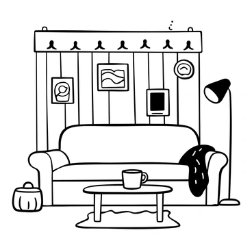 A cozy living room featuring a wooden wall with decorative hooks. The hooks are holding various family photos in simple frames and a few pieces of artwork showcasing landscapes and abstract designs. A comfortable couch is positioned in front of the wall, accompanied by a knitted blanket draped over the armrest. A small coffee table is placed in front of the couch, with a steaming mug atop it. There is a cozy rug on the floor, adding warmth to the space. A floor lamp stands beside the couch, casting a soft glow over the room.