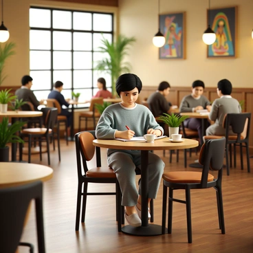 A cozy café interior with warm lighting and wooden furniture. In the foreground, a person sitting at a small round table is focused on a ledger, writing with a pen. The person has short black hair and is wearing a light blue sweater. A steaming cup of coffee sits beside the ledger, with a small plate holding a pastry on the table. Surrounding the person, there are green potted plants and colorful artwork on the walls, creating an inviting atmosphere. The café has a few other patrons scattered at tables, each engaged in their own activities.