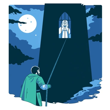 A hero dressed in teal armor is standing at the base of a tall, imposing dark tower that looms in the background. The hero is gazing up, with one hand gripping a sturdy rope, ready to climb. Above, a window in the tower glows faintly, revealing a silhouette of a princess in a flowing white gown, her hands pressed against the bars as she looks down anxiously. The bright moonlight casts dramatic shadows, enhancing the tension of the scene, while the surrounding area is dimly lit, creating a sense of urgency and danger.