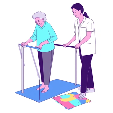 An elderly person with gray hair is practicing standing during a physical therapy session. They are positioned next to a parallel bar, using both hands to support their weight. The person is wearing a light blue shirt and dark gray pants. A physical therapist, in a white shirt, stands close by, offering encouragement. A colorful exercise mat is placed on the floor beneath them. The atmosphere is focused on rehabilitation and support.