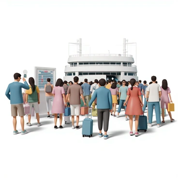 A busy ferry terminal filled with a crowd of passengers. There are people of various ages and ethnicities, some carrying colorful bags and suitcases. A man in a blue jacket is glancing at a schedule board, while a woman in a red dress is adjusting her sunglasses. In the background, a large ferry is docked, with its ramp extended for boarding. Some passengers are walking briskly towards the ferry, while others are stopping to take photos or check their tickets. The scene is lively, capturing the energy of travelers eager to embark on their journey.