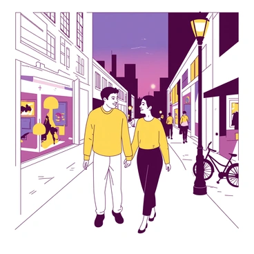 A yellow couple is walking hand in hand down a busy NYC street. The street is lined with white art galleries, their windows showcasing colorful artworks. The sky is transitioning to a deep twilight, with warm light spilling from the gallery interiors. Street lamps emit a soft glow, illuminating the sidewalk as they stroll past. In the background, other people are seen enjoying the evening, and a few bicycles are parked near the galleries. The couple appears relaxed, smiling at each other as they enjoy their time together.