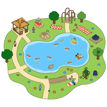 A whimsical, illustrated map featuring a large, shimmering fish pond at the center. The pond is populated with colorful fish, some peeking above the water's surface. Surrounding the pond are various attractions depicted in a playful manner. To the north, there is a small wooden gazebo with a thatched roof, decorated with flowers. To the east, a winding path leads to a playground filled with a slide and swings, where children are playing. To the south, a picnic area is shown with checkered blankets spread out, and families enjoying snacks. To the west, there is a small bridge arching over the pond, with a few ducks waddling nearby. Decorative trees and vibrant flowers are scattered throughout the landscape, adding to the cheerful atmosphere of the map.