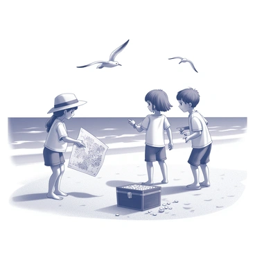 A group of children is gathered on a sandy beach, actively searching for hidden treasure. One child is holding a weathered pirate map, examining it closely as another child points excitedly towards a marked spot in the sand. The children are dressed in casual summer clothing, with one wearing a straw hat. Nearby, a small wooden chest is partially buried in the sand, its lid slightly ajar, revealing glimmers of gold coins inside. The ocean waves can be seen in the background, with a clear sky above. Seagulls fly overhead, adding to the lively atmosphere of the scene.