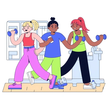 A small group of three friends is exercising together in a gym setting. They are standing side by side and performing hammer curls with dumbbells held in both hands. Each friend has a focused expression on their face as they lift the weights in sync. The friends are wearing vibrant workout clothes: one is in a red tank top, another in a blue t-shirt, and the last one in a green sports bra. Their hair is pulled back into ponytails, and they are positioned against a backdrop of gym equipment. The floor is a light wood color, and the atmosphere is energetic and lively.