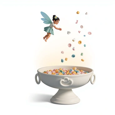 A tiny fairy, with iridescent wings shimmering with shades of blue and green, is gracefully hovering above a large, ornate bowl made of enchanted glass. The bowl is filled with colorful cereal pieces, sparkling under the light. The fairy is wearing a delicate dress made of petals, and her hair is adorned with tiny flowers. She is gently sprinkling cereal pieces from her small hands, which are glowing with magic. The scene is filled with a soft, warm light as the cereal pieces seem to float momentarily in the air before falling into the bowl.