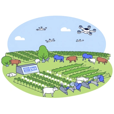A high-tech farm featuring various drones flying above the fields. The drones are equipped with sensors and cameras, actively monitoring the growing crops below. On the ground, several robots are moving among the rows of crops, using mechanical arms to tend to the plants. In the background, there are grazing livestock, with a few cows and sheep visible, while a digital display shows data about crop health and livestock activity. The landscape includes neatly organized fields with rows of green crops and a clear blue sky above.
